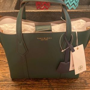 Tory burch small green leather triple compartment tote